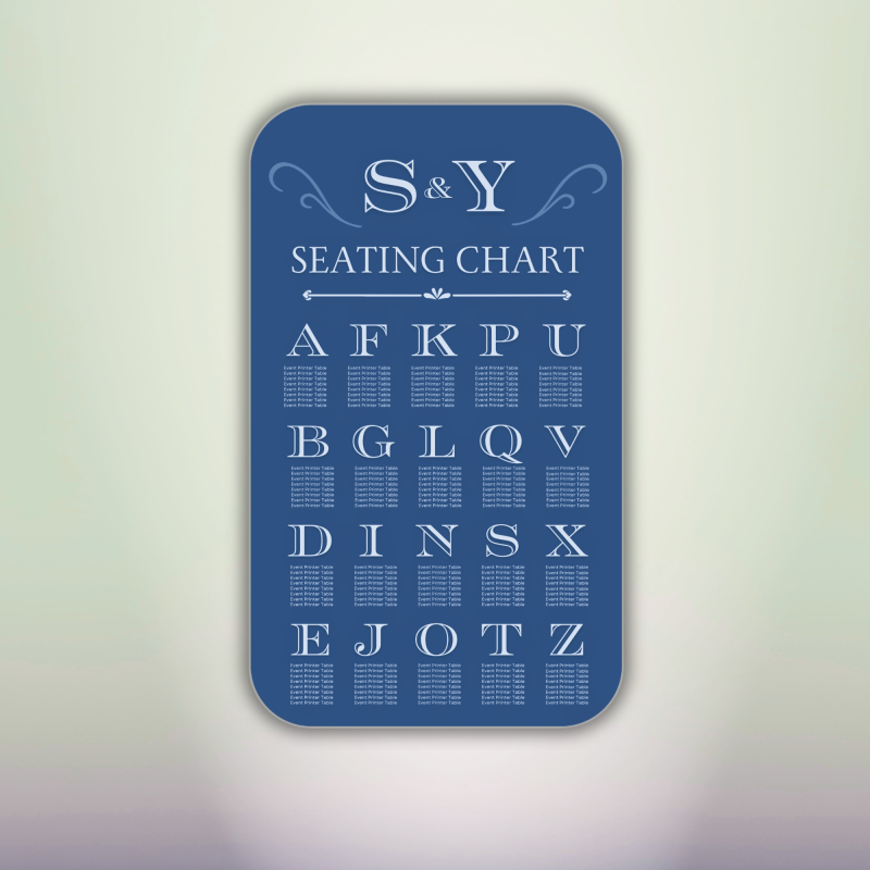 Navy blue rounded wedding seating chart with light lettering, decorative flourishes and guest table assignments