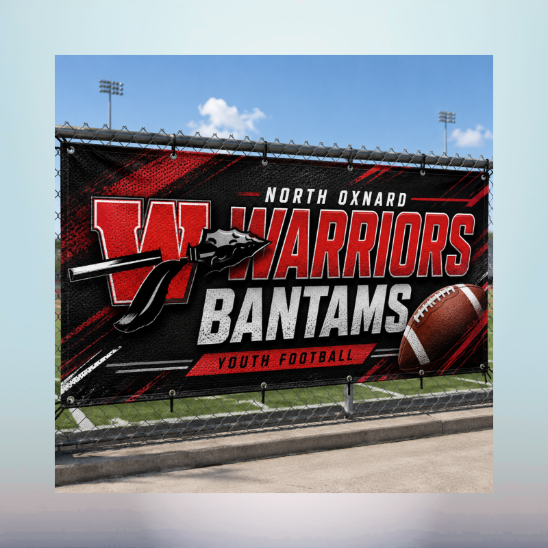 North Oxnard Warriors Bantams custom youth football banner in red black and white