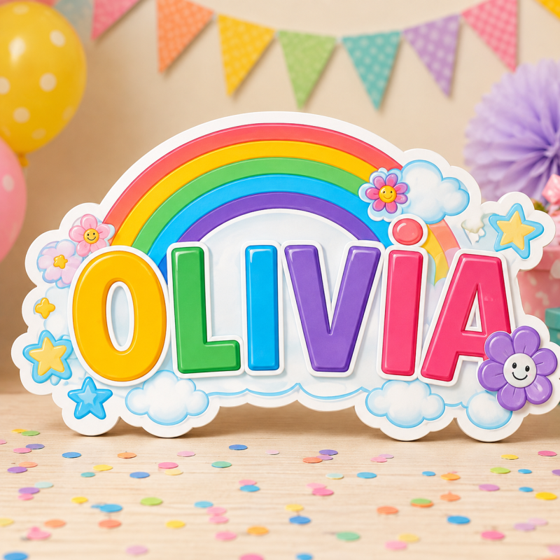 Colorful Olivia die-cut name sign with rainbow, clouds, flowers, and stars