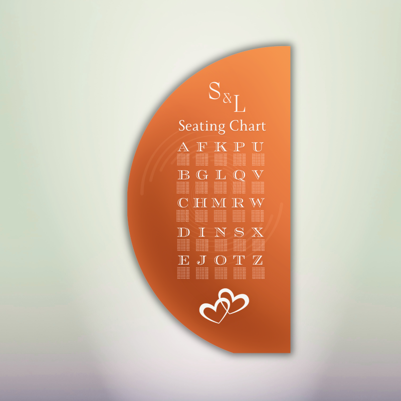 Orange half-round wedding seating chart with white lettering, personalized initials and heart graphics