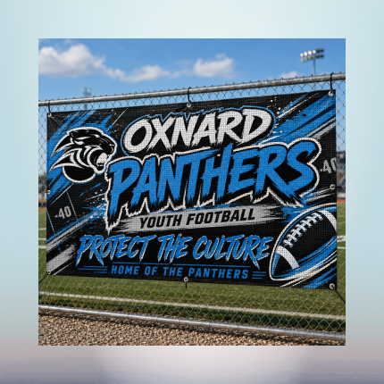 Oxnard Panthers custom youth football banner in blue black and white displayed on a field fence