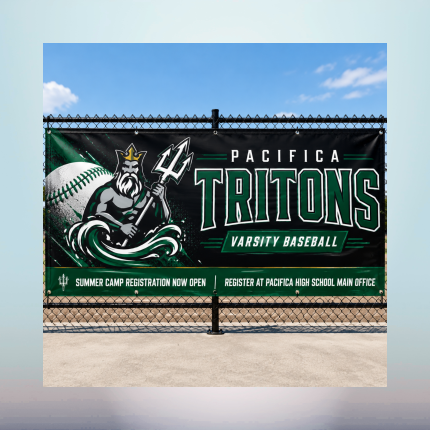 Pacifica Tritons varsity baseball custom banner displayed on an athletic field fence in Oxnard CA