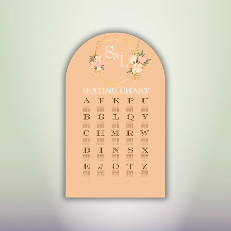 Peach arch-shaped wedding seating chart with floral accents, gold geometric detail and alphabetical guest list
