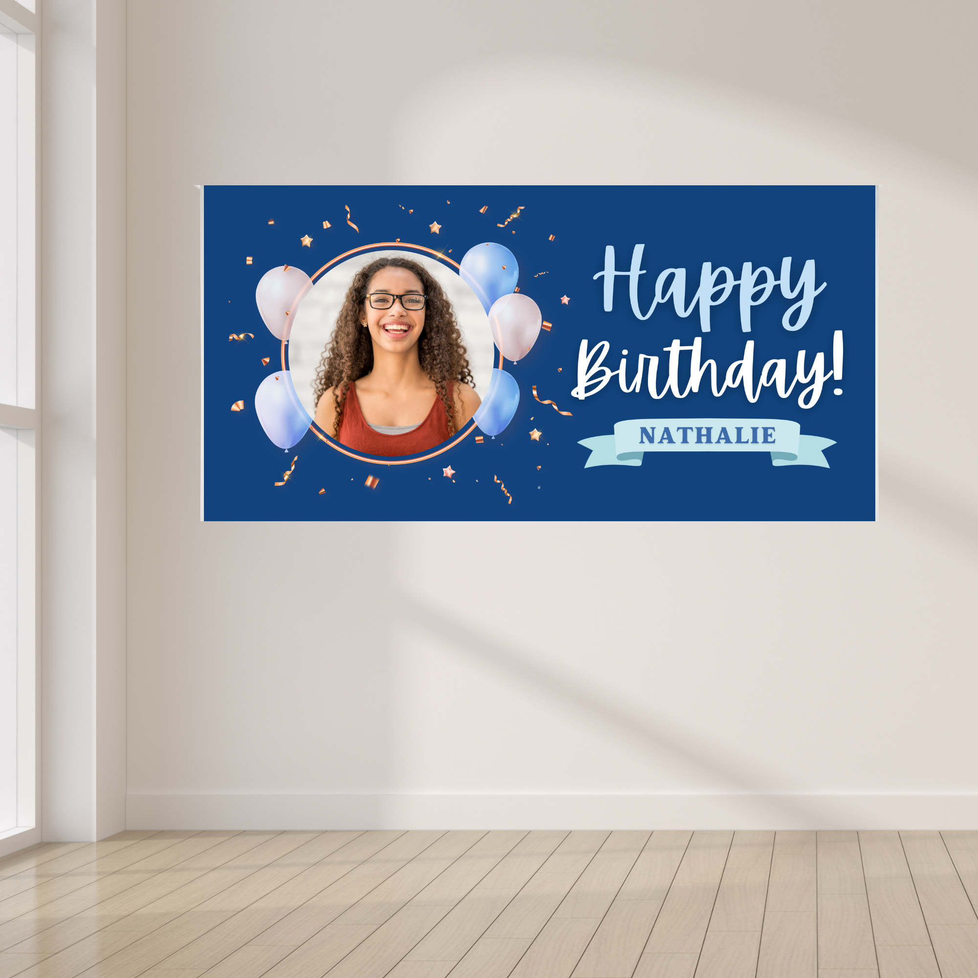 personalized-second-birthday-bear-banner Custom blue 4 x 8 kids birthday banner with personalized photo, name, balloons and confetti
