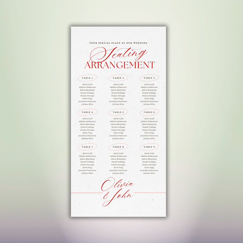 Elegant red script wedding seating arrangement with nine guest tables and personalized couple names