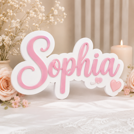 Personalized Sophia die-cut name sign with pink script lettering and heart accents