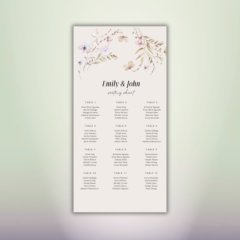 Blush watercolor floral wedding seating chart with personalized couple names and twelve guest tables