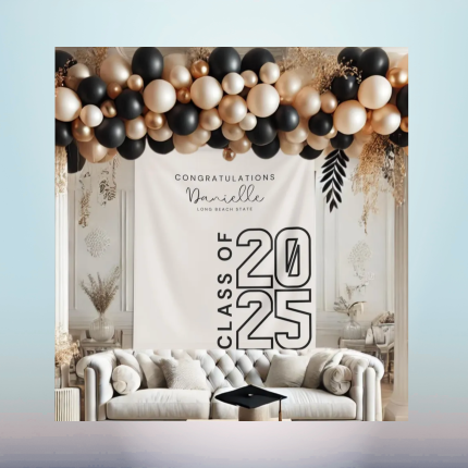 Custom wrinkle-resistant polyester graduation backdrop displayed with black, gold and cream balloons.