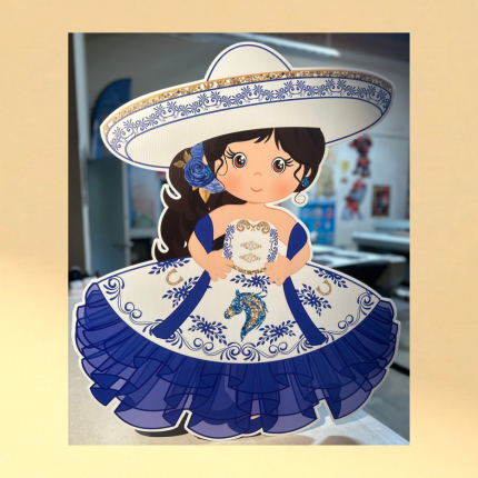 Custom die-cut quinceañera party cutout featuring girl in blue folkloric dress and sombrero