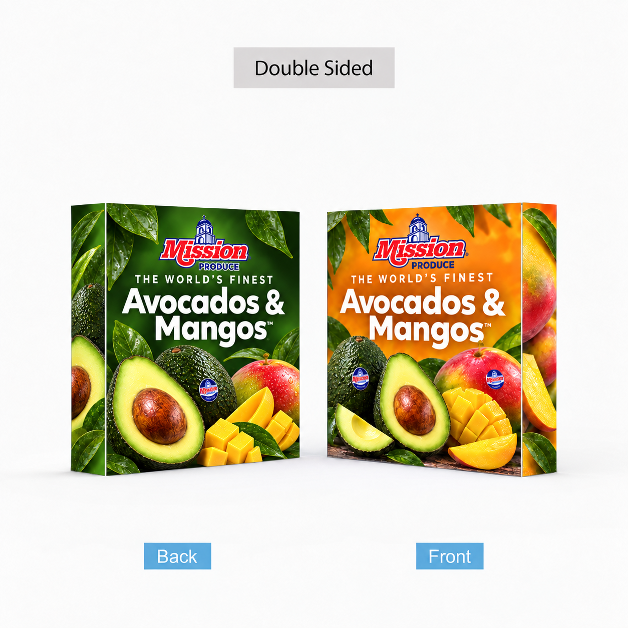 8 ft SEG Backlit Popup Display – Complementary Front and Back Graphics 8 ft double-sided SEG backlit popup display with complementary green and orange Mission Produce avocado and mango graphics