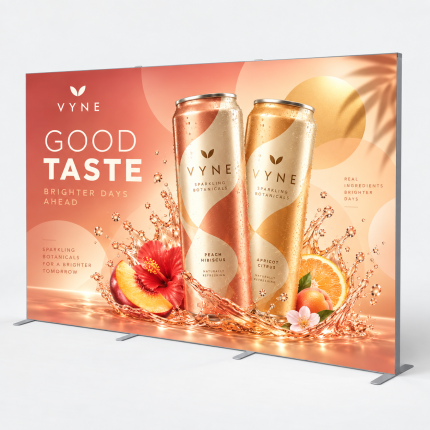 10 ft SEG fabric display with custom full-color peach beverage graphic and aluminum frame