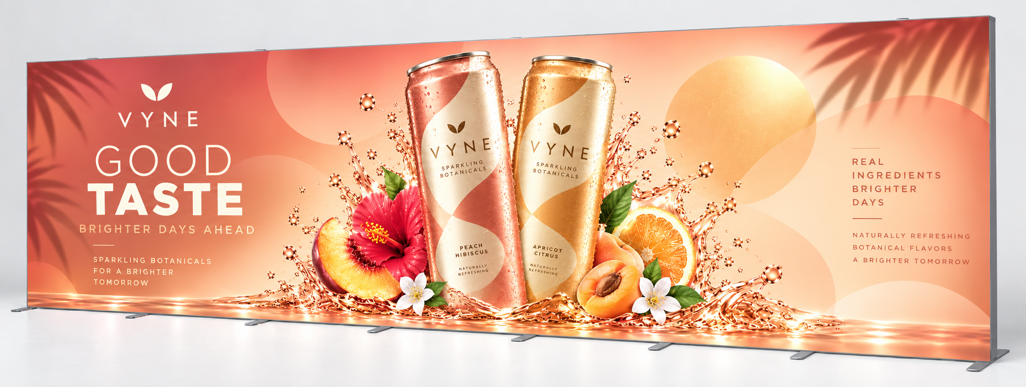 20 ft SEG Fabric Display – Custom Graphic and Frame 20 ft SEG fabric display with custom peach beverage graphics and aluminum frame