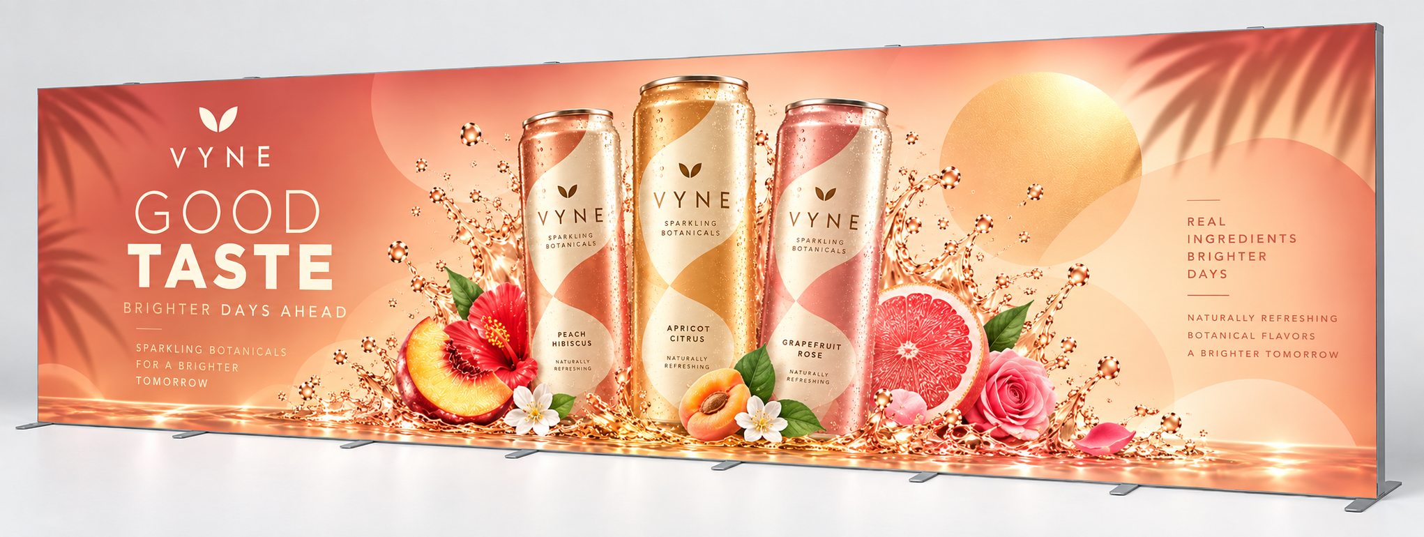 20 ft SEG Fabric Display – Three-Product Artwork Example 20 ft SEG fabric display with three beverage cans and custom peach-colored promotional artwork