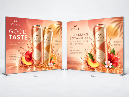 10 ft SEG fabric display front and back views with custom peach beverage graphics