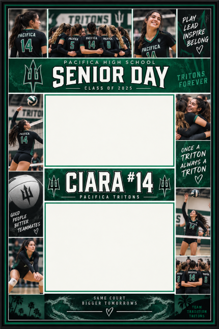 Pacifica Senior Night memory board with sample photos in a green and black collage design