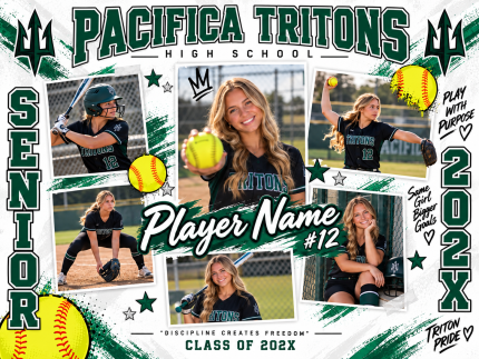 Pacifica Senior Night photo collage foam board shown with sample senior portraits in a green and white design
