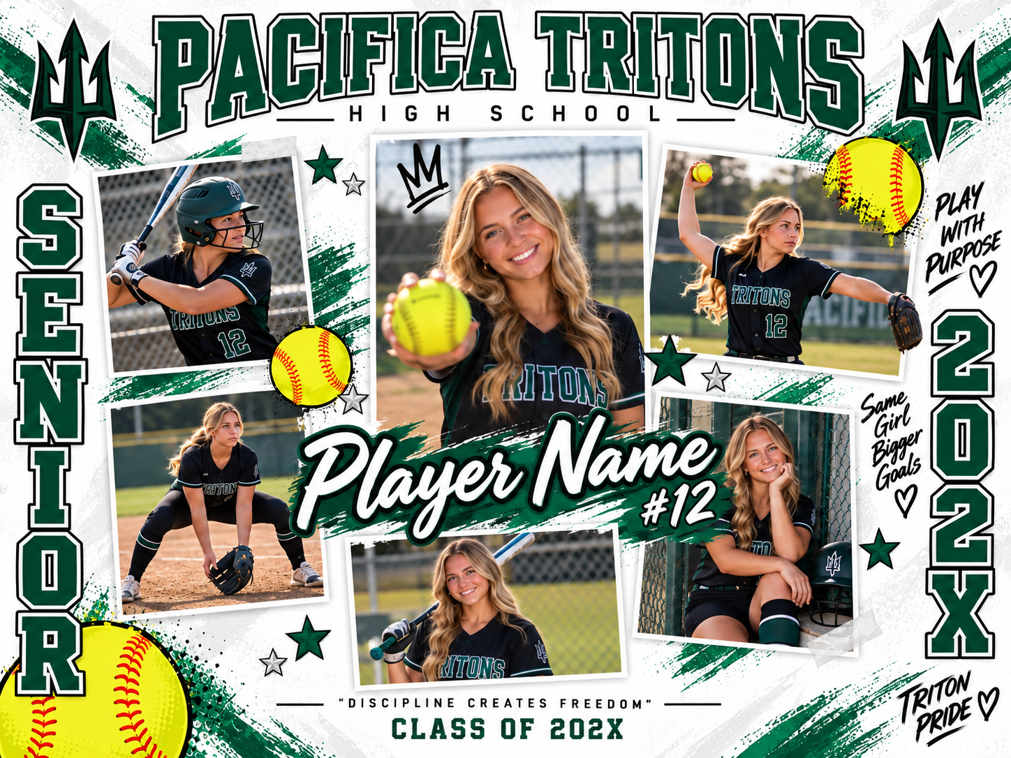 Pacifica Senior Night Photo Collage Foam Board Pacifica Senior Night photo collage foam board shown with sample senior portraits in a green and white design
