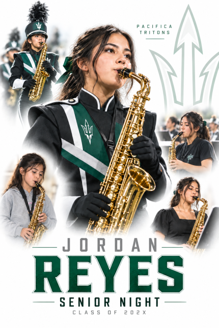 Pacifica Tritons band senior night poster for Jordan Reyes, featuring a saxophone photo collage on a white background.