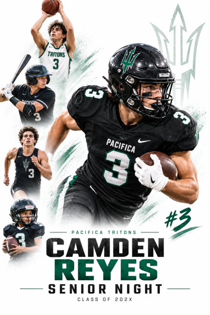 Pacifica Tritons senior night poster for Camden Reyes, featuring a sports photo collage on a white background.