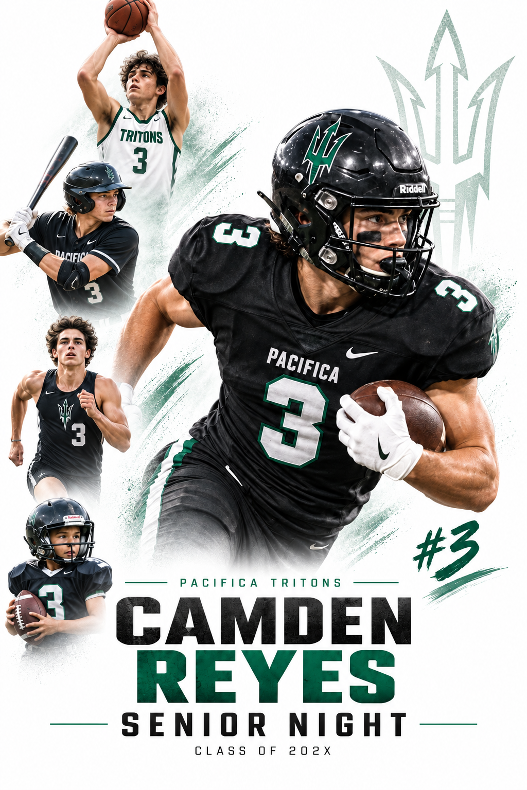 Pacifica Senior Night – Camden Reyes – White Background Pacifica Tritons senior night poster for Camden Reyes, featuring a sports photo collage on a white background.