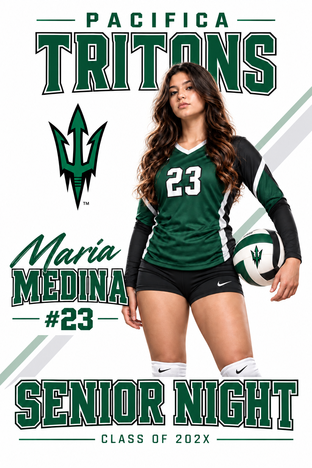 Pacifica Senior Night – Maria Medina Volleyball – White Background Pacifica Tritons volleyball senior night poster for Maria Medina, number 23, on a white background.