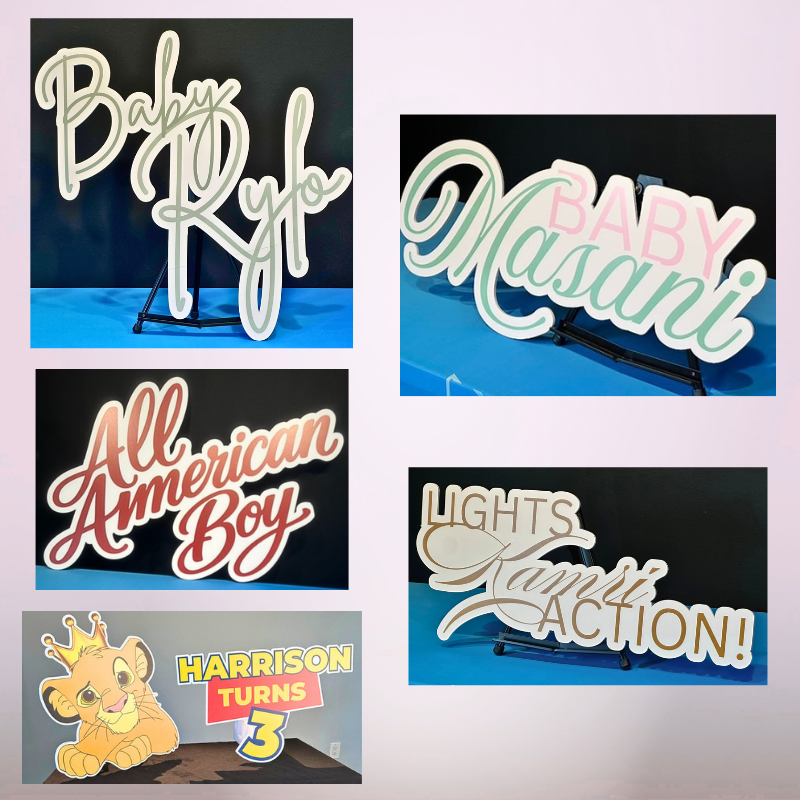 Collage of personalized birthday and celebration name signs in colorful lettering