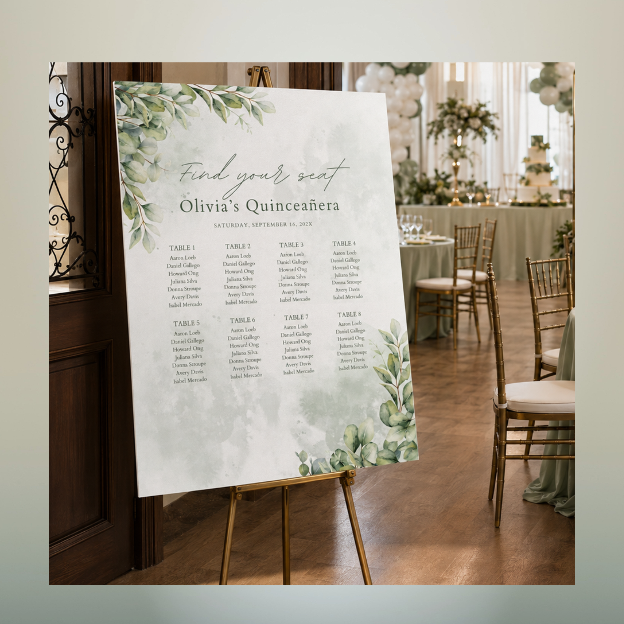 Find Your Seat Chart Oxnard (1) Custom eucalyptus Quinceañera find your seat chart displayed on an easel at an Oxnard reception