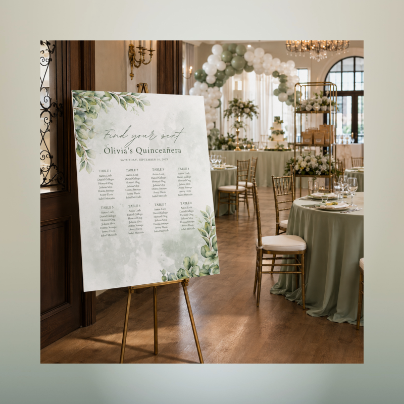 Custom eucalyptus Quinceañera find your seat chart displayed on an easel at an Oxnard reception