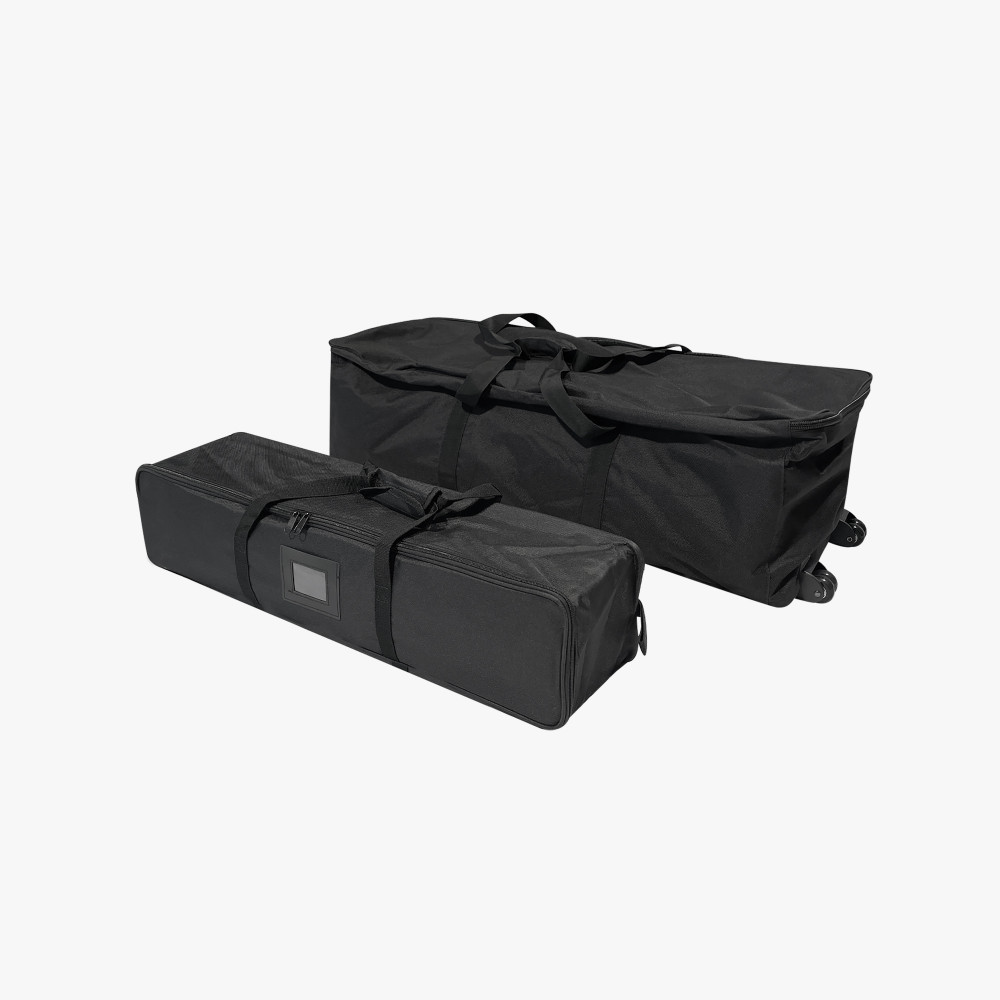 8 ft SEG Backlit Popup Display – Carrying and Storage Bags Black wheeled carrying bag and smaller zippered storage bag for the 8 ft SEG backlit popup display