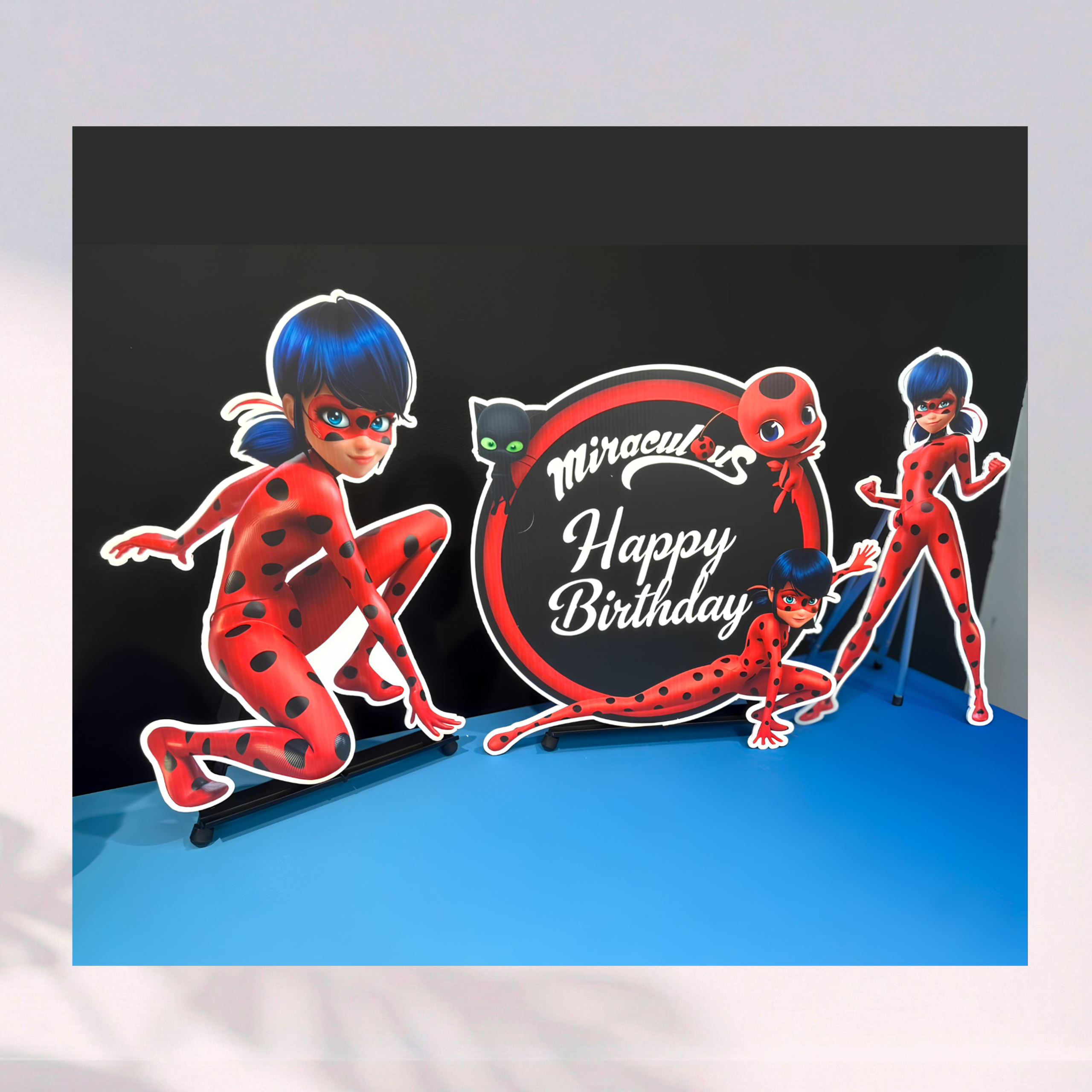 Miraculous Ladybug character cutouts with a Happy Birthday sign