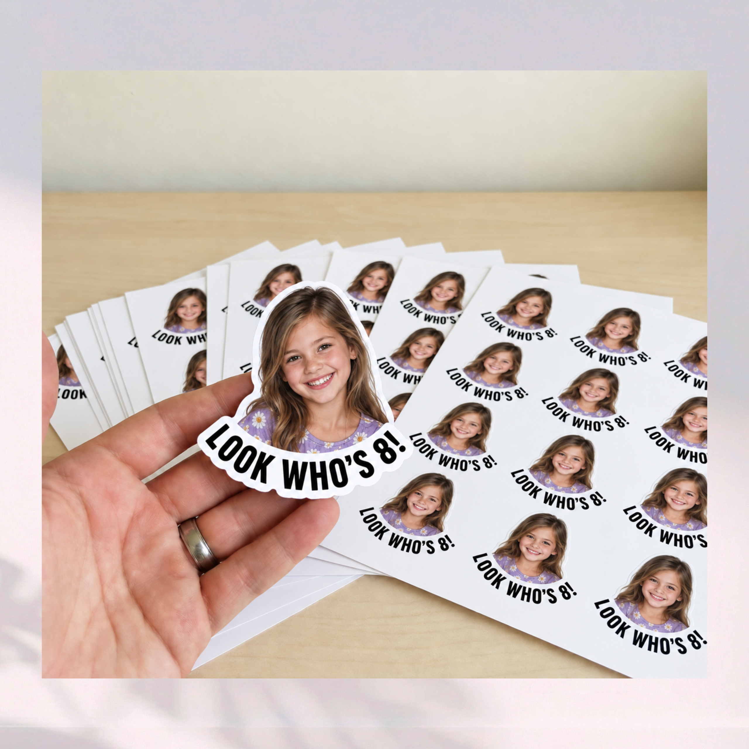 Personalized birthday photo stickers featuring a child’s portrait and “Look Who’s 8!” text, shown by hand and on sticker sheets