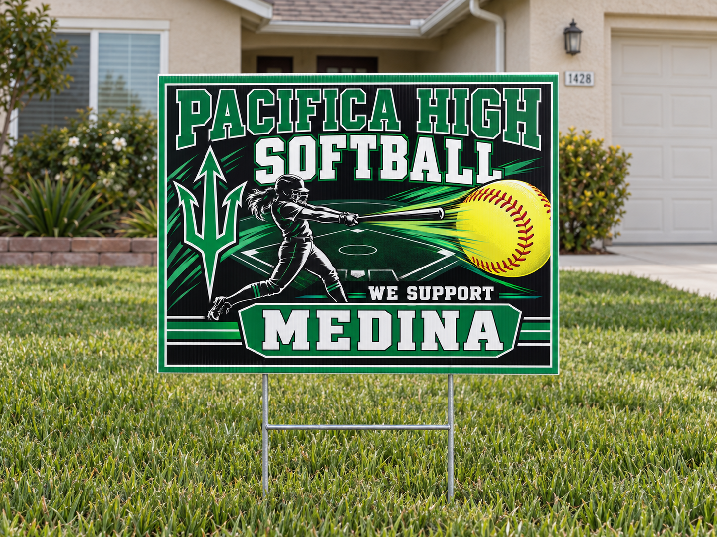 Pacifica High School personalized softball yard sign displayed on a lawn