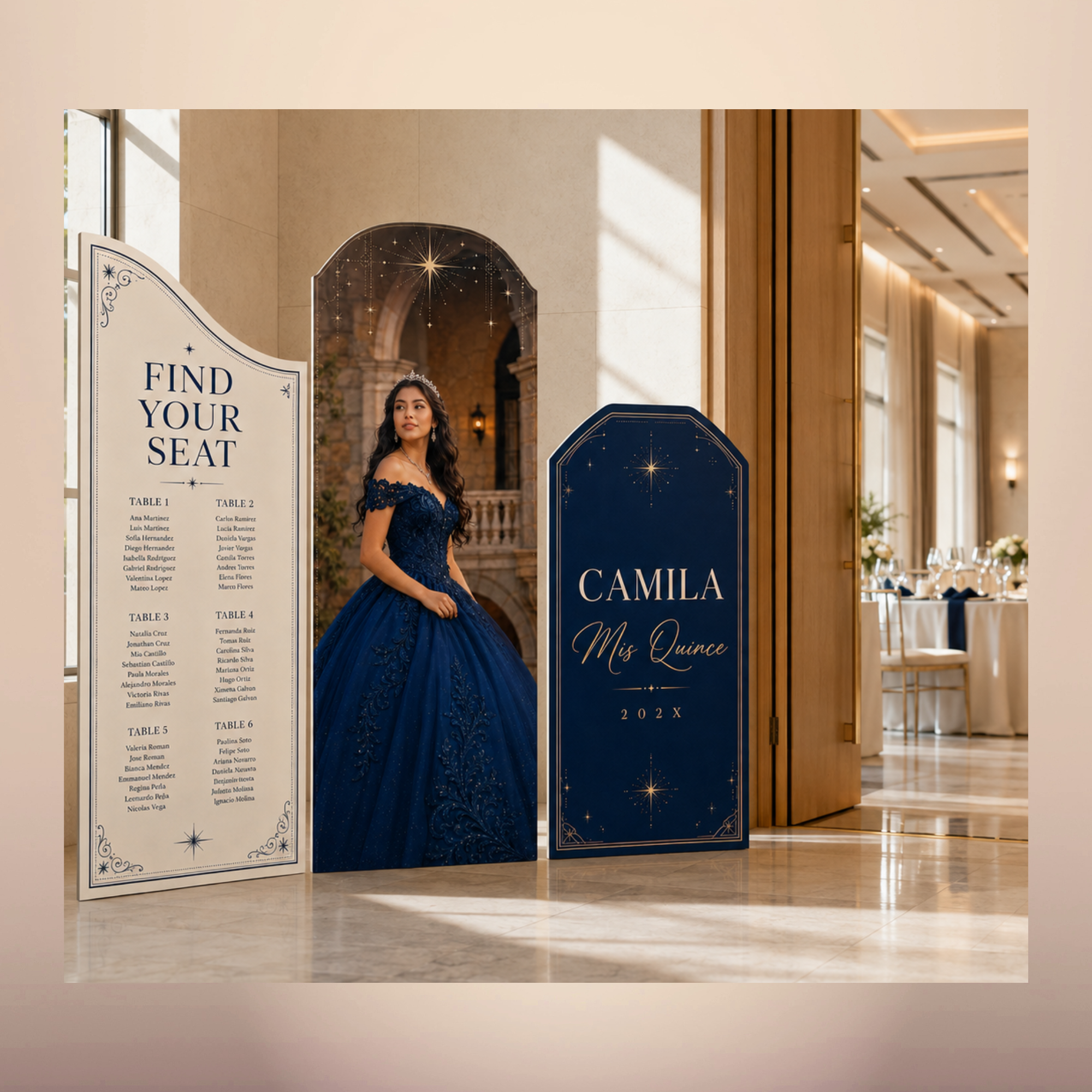 Quinceañera Decorations (3) 3-piece Quinceañera foam board backdrop set with portrait, seating chart and personalized name panel in Oxnard