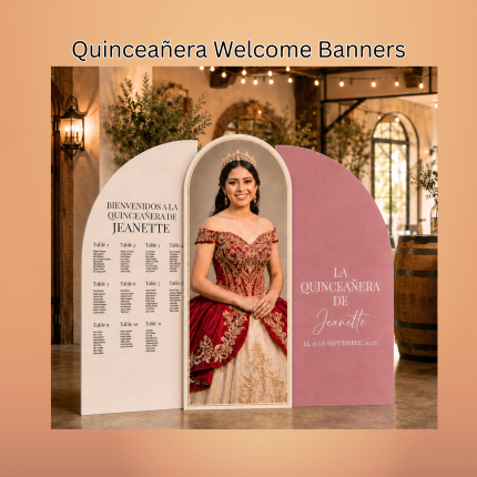 Three-piece Quinceañera foam board backdrop set with seating chart, portrait and personalized name panel in Oxnard