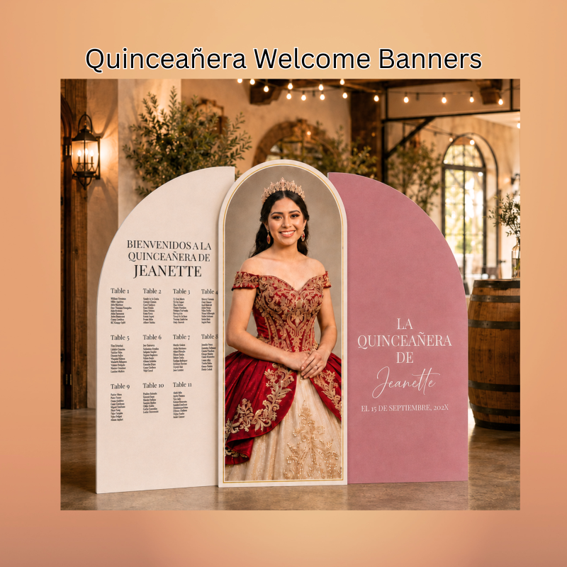 Three-piece Quinceañera foam board backdrop set with seating chart, portrait and personalized name panel in Oxnard