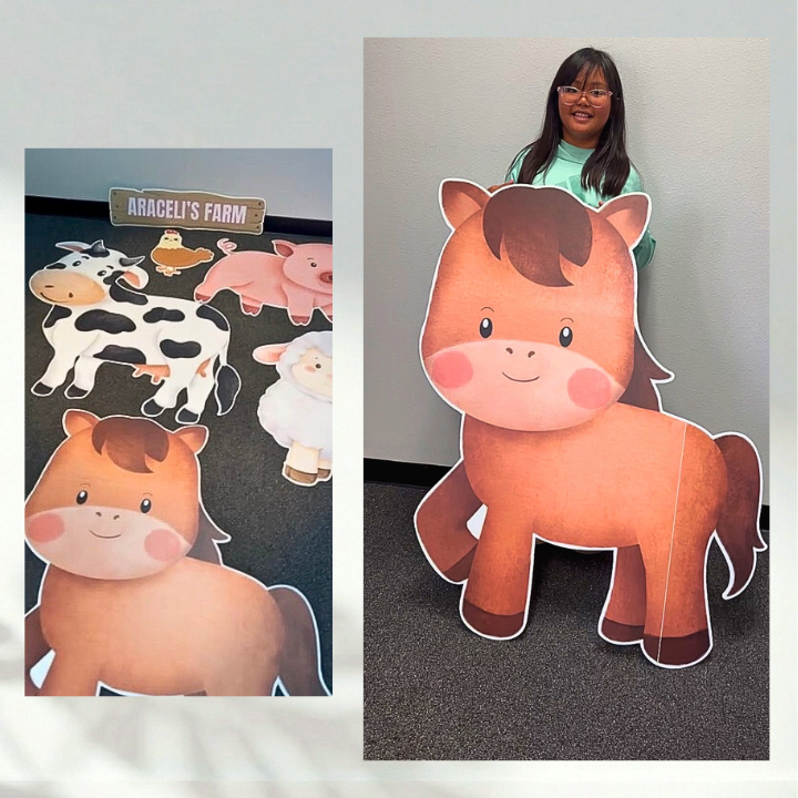 Farm animal party cutouts with a large smiling horse, cow, pig, sheep, chicken and a personalized farm sign.
