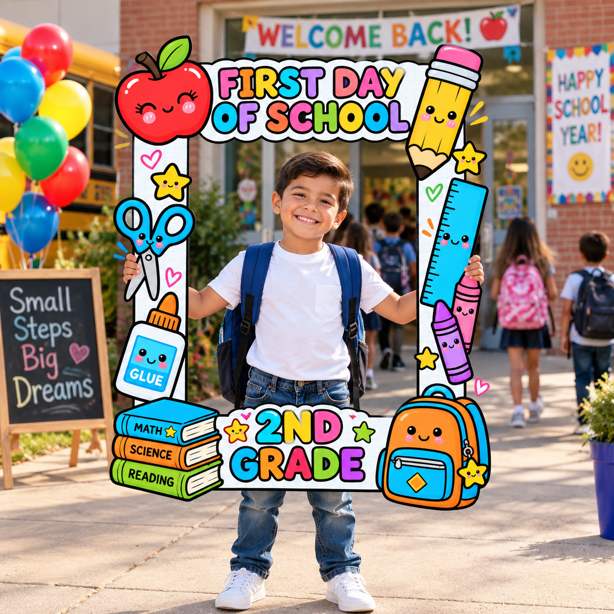 Student holding a colorful first day of school photo frame with 2nd Grade lettering and school supply decorations