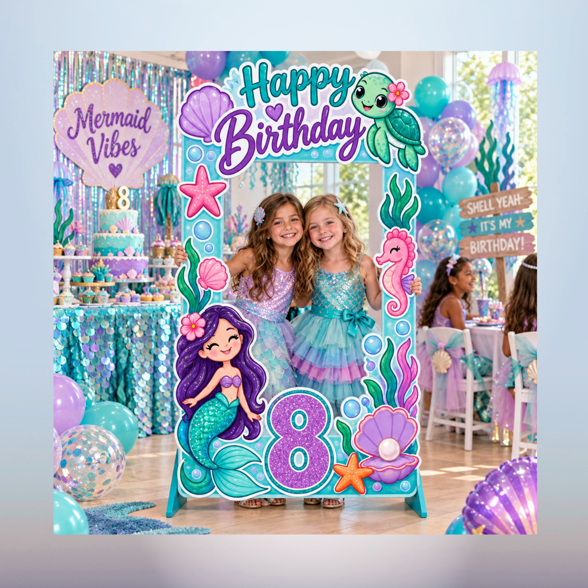 Two children posing in a tall mermaid birthday photo frame with teal and purple sea creatures and a number 8