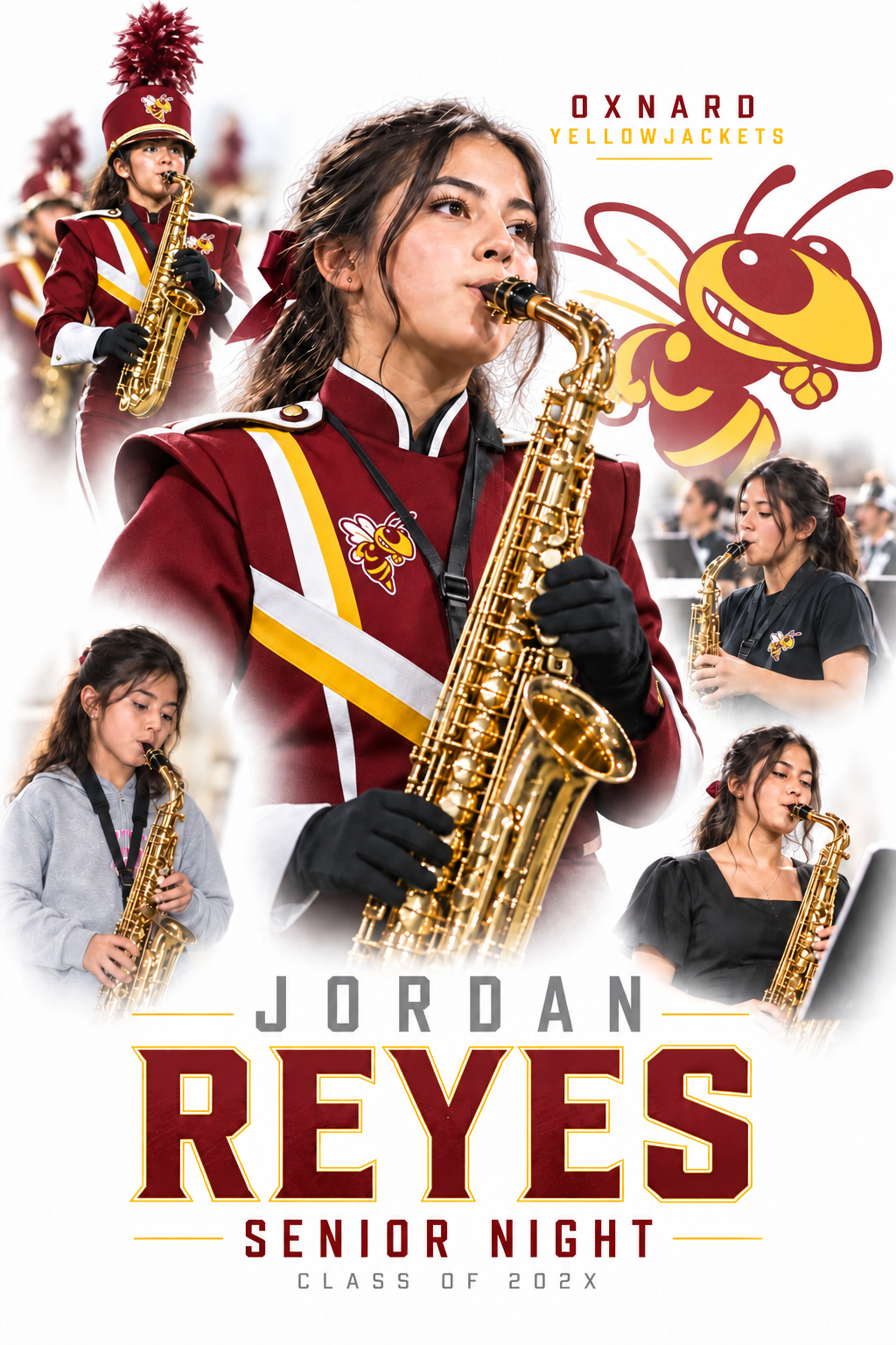 Oxnard High School Band Senior Night Poster – Saxophone White Oxnard High Senior Night poster with a saxophone player photo collage, Yellowjackets mascot, and Jordan Reyes name.