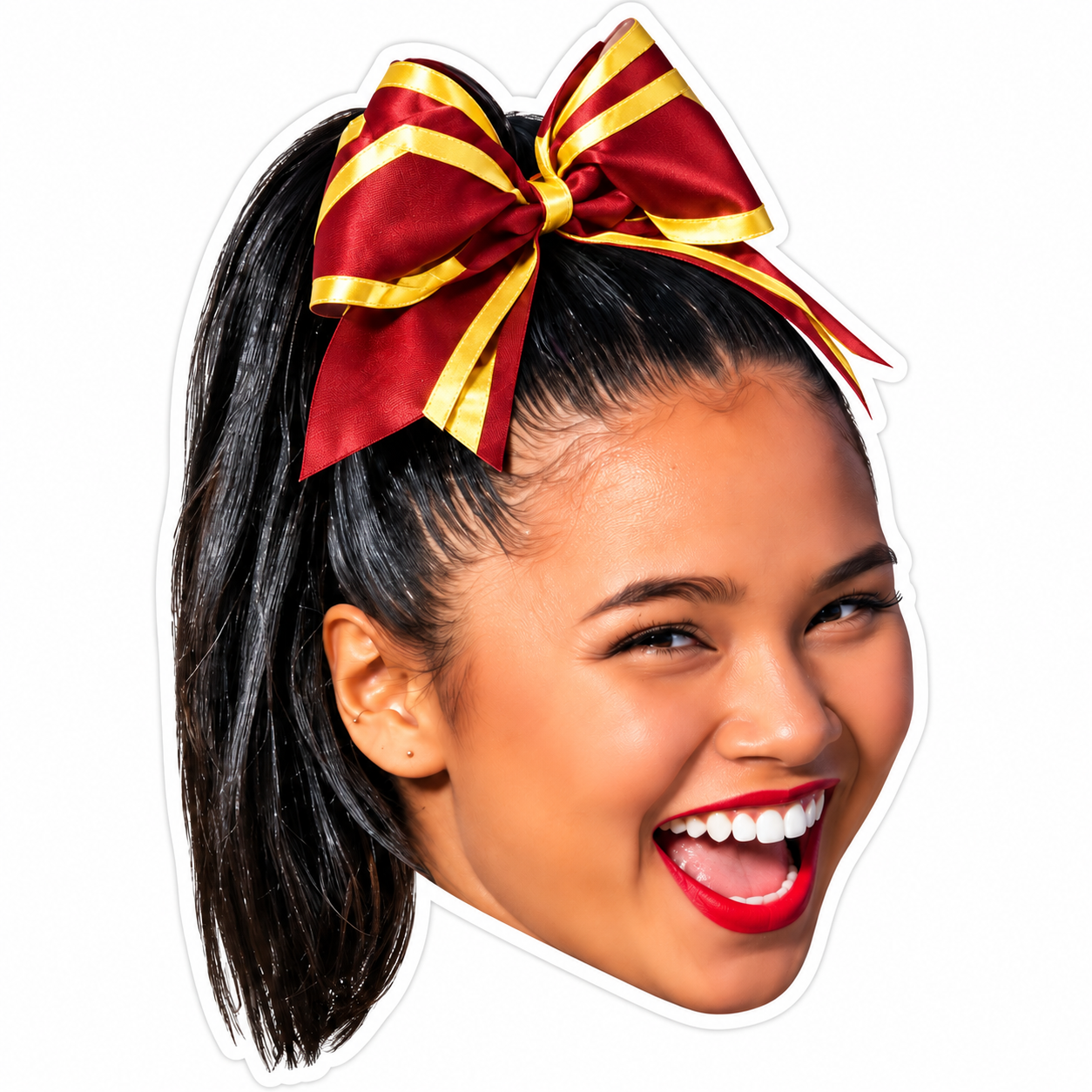 Oxnard High School Cheer Big Head Cutout Cheerleader face cutout with a high ponytail and a red and gold bow in Oxnard High School colors.