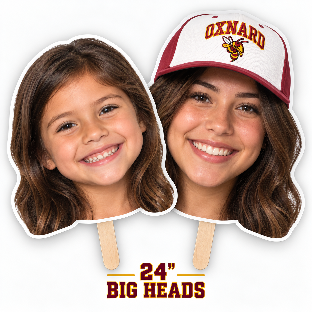 Big head cutouts of a young girl and a senior young lady in an Oxnard cap