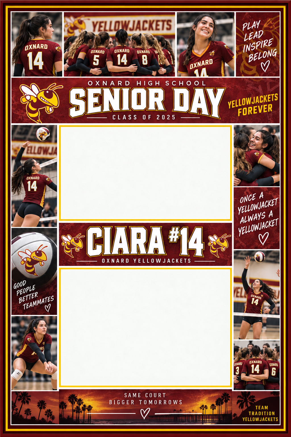 Oxnard High School Volleyball Senior Day Memory Board Red and gold Oxnard High Senior Day memory board with volleyball photos, Clara number 14, and two white writing areas.
