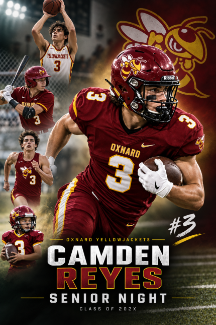 Oxnard Senior Night photo collage with a football player in a red number 3 jersey, sports photos, and Camden Reyes name.