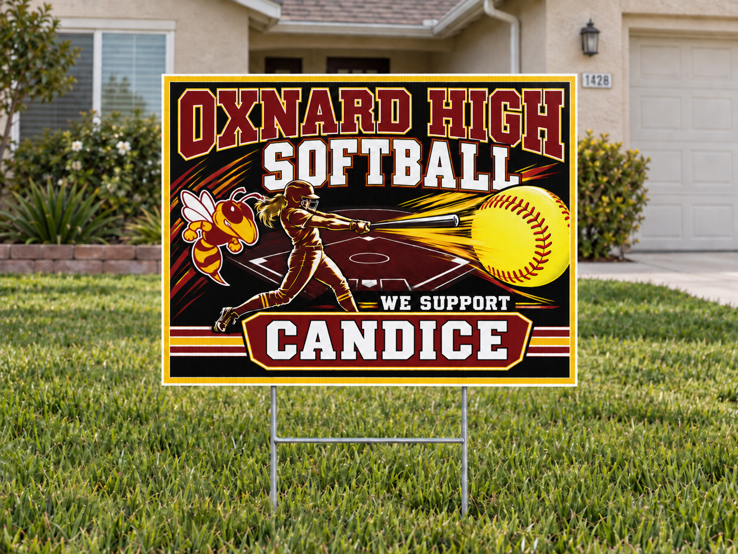 Personalized Oxnard High School softball yard sign for Candice displayed on a lawn