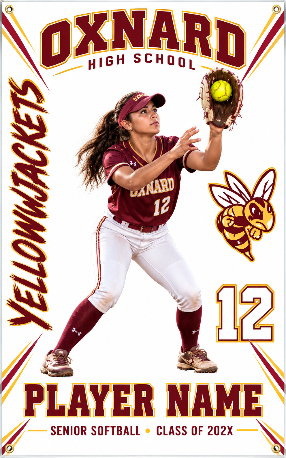 Oxnard softball player catching a ball on a white senior banner