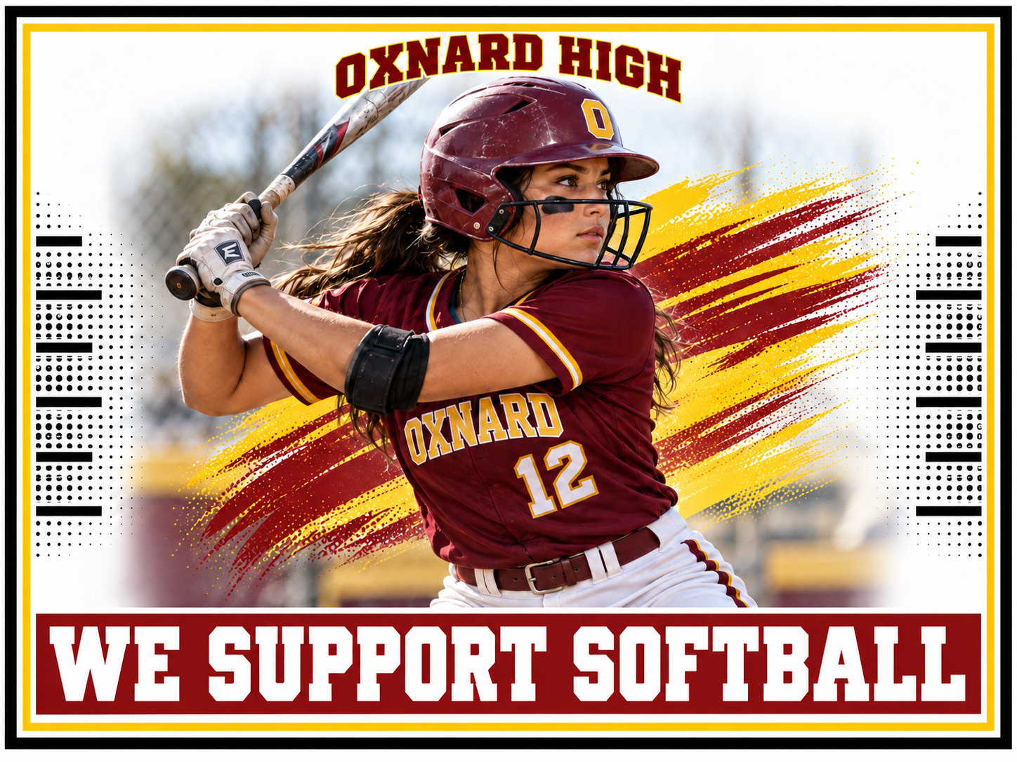 Oxnard High School Softball Yard Sign – Player Photo Oxnard High softball player holding a bat on a red and gold yard sign with “We Support Softball” across the bottom.
