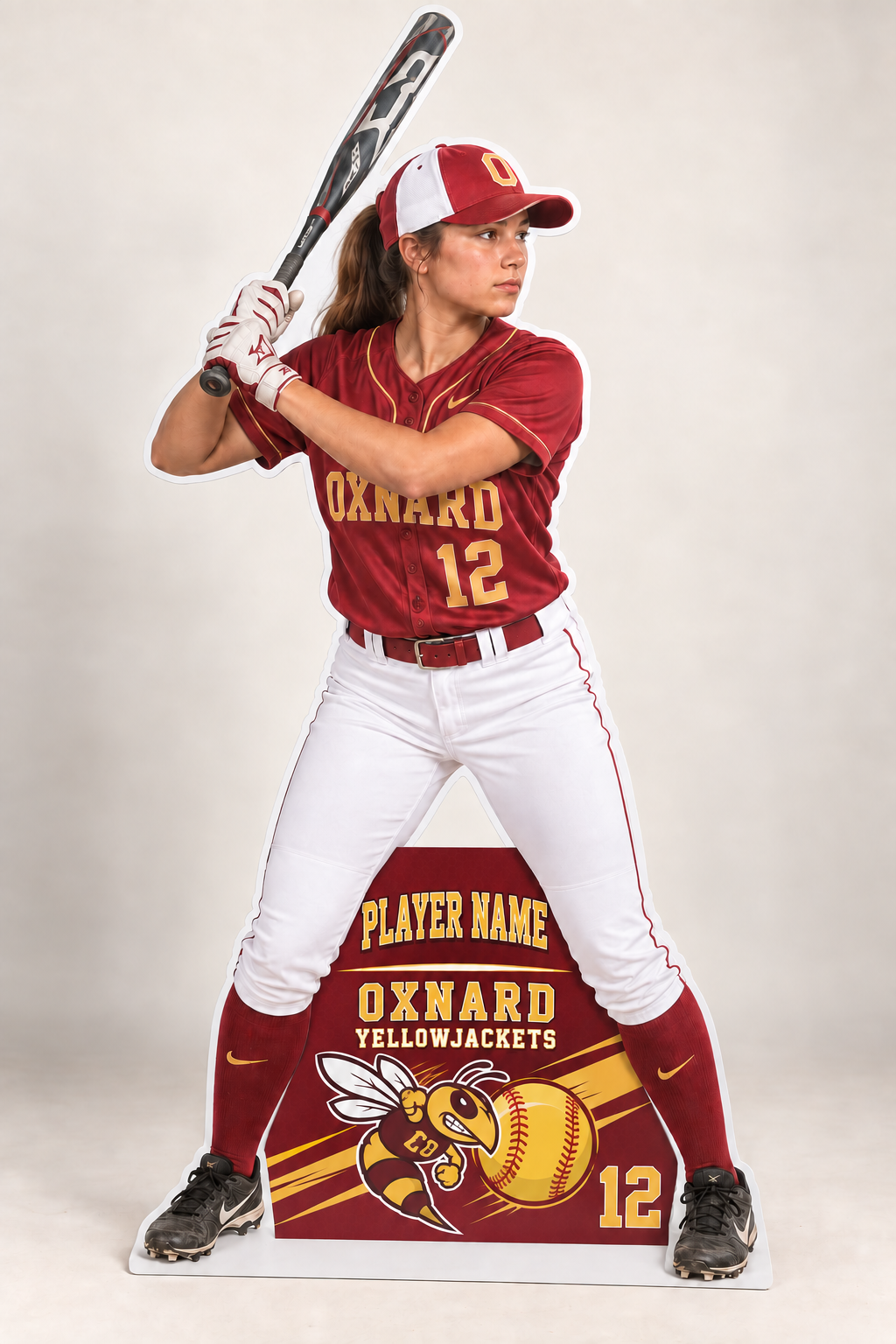 Oxnard softball standee with personalized knee-high Yellowjackets centerpiece