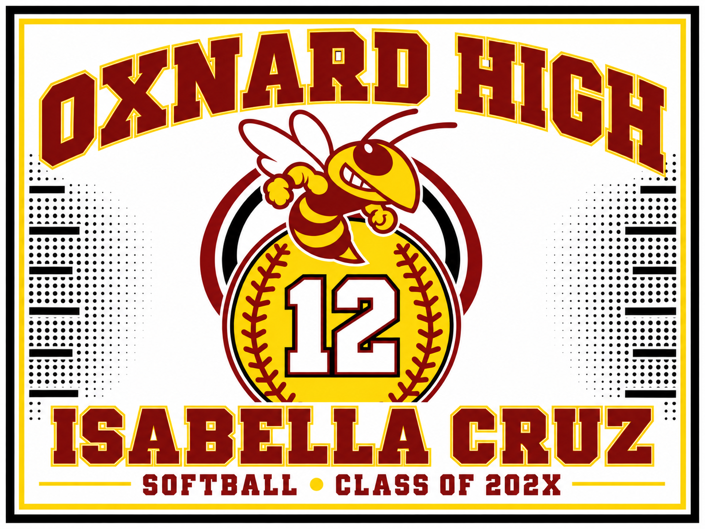 Oxnard High School Softball Yard Sign – White Personalized Design White Oxnard High softball sign with a yellow softball, number 12, Yellowjackets mascot, and Isabella Cruz name.