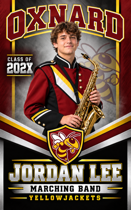 Oxnard marching band portrait banner showing Jordan Lee holding a saxophone, with red and gold lettering and a mascot shield.