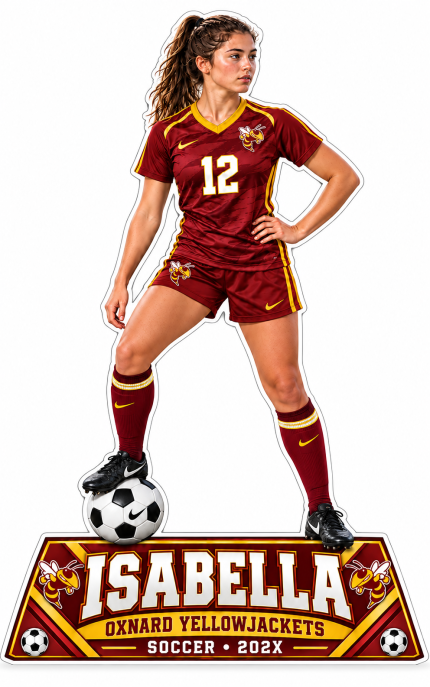 Full-body Oxnard soccer player cutout with one foot on a ball and a red and gold Isabella Yellowjackets base.
